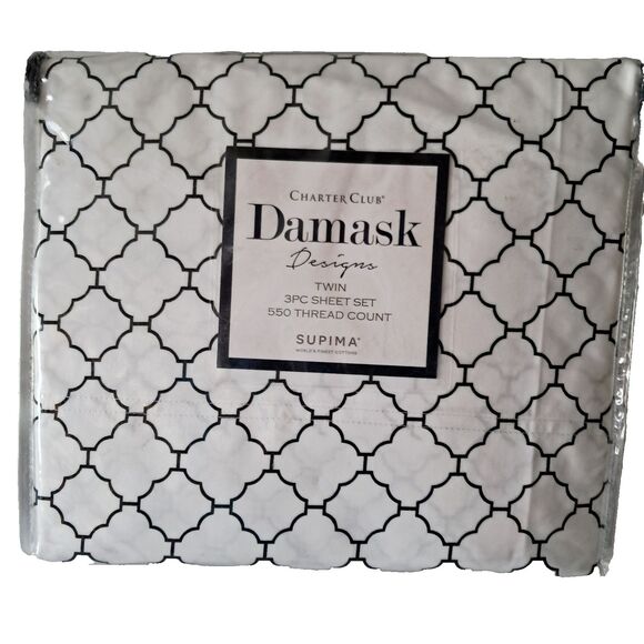 Charter Club White Damask Designs 3-Pc. Sheet Set Twin 550 Thread Count - Picture 1 of 7